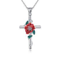 wholesale 925 Sterling Silver Red Carnation Floral Cross Pendant Necklaces for Women-Poppy