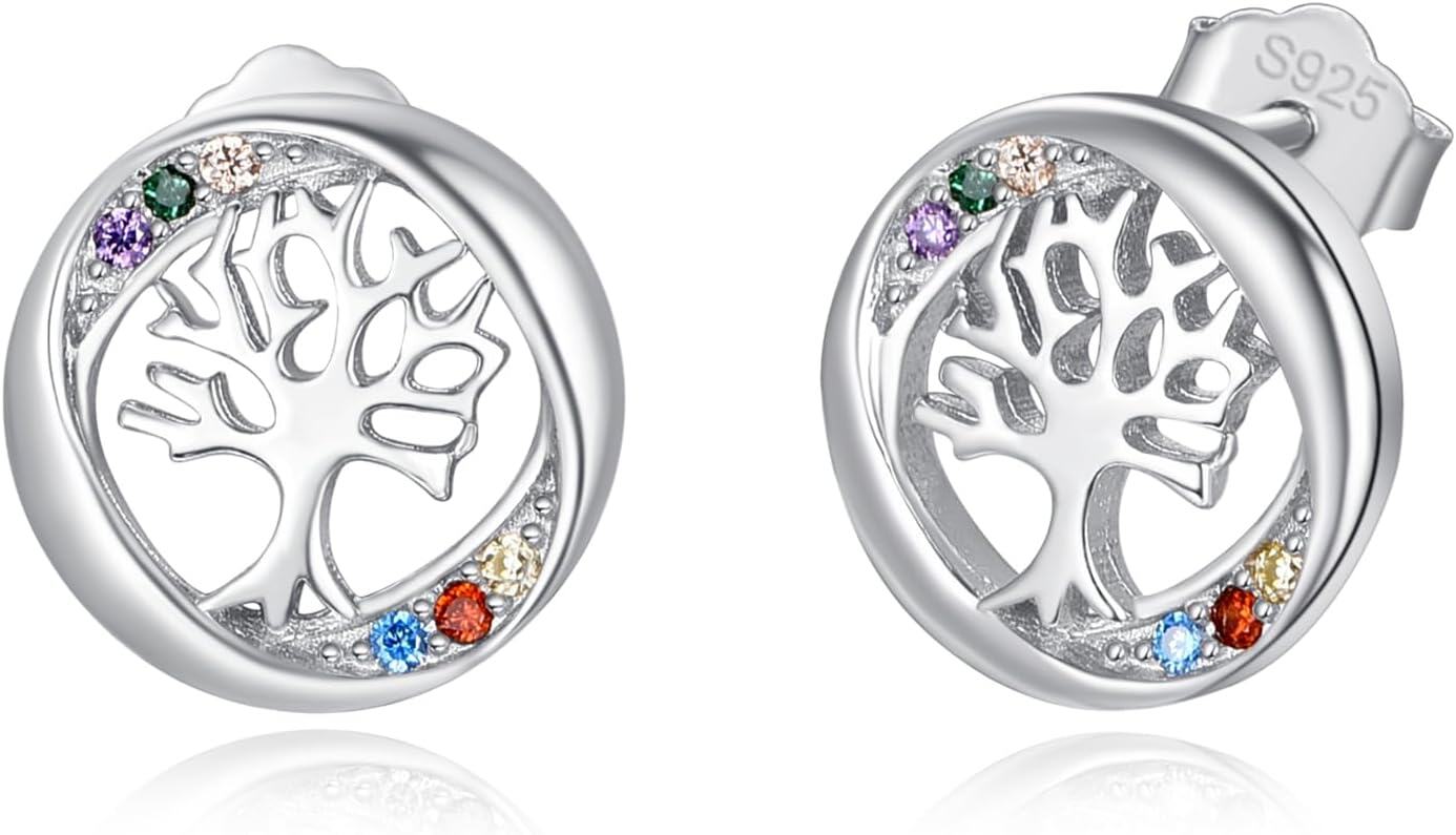 Sterling Silver Tree of Life Stud Earrings Round Birthstone Jewelry Gifts-B