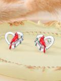 wholesale 925 Sterling Silver Heart-Shaped Red Bird Stud Earrings with Green Leaves and Berries - Holiday Gift Ideas for Women-0-3