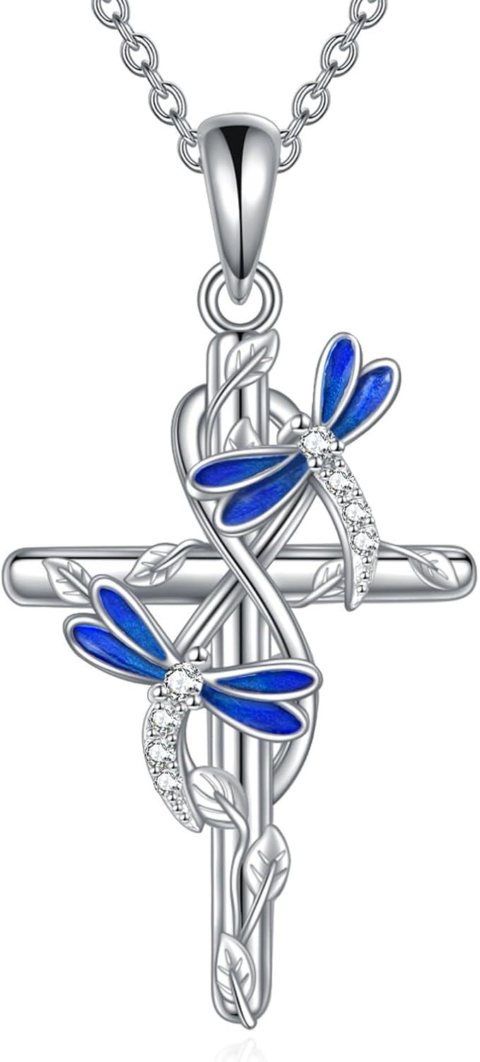 Sterling Silver Turquoise Moonstone Moss Agate Larimar Cross Necklace for Women-A-Dragonfly