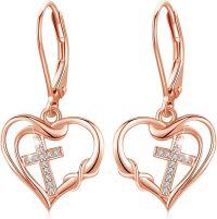 wholesale Rose Gold 925 Sterling Silver Heart with Cross Dangle Leverback Earrings for Women-Cross Earring (Rose Gold)