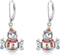 wholesale 925 Sterling Silver Snowman Christmas Drop Earrings with Red Crystal Accents and Leverback Hooks - Holiday Gifts for Her-A-Snowman