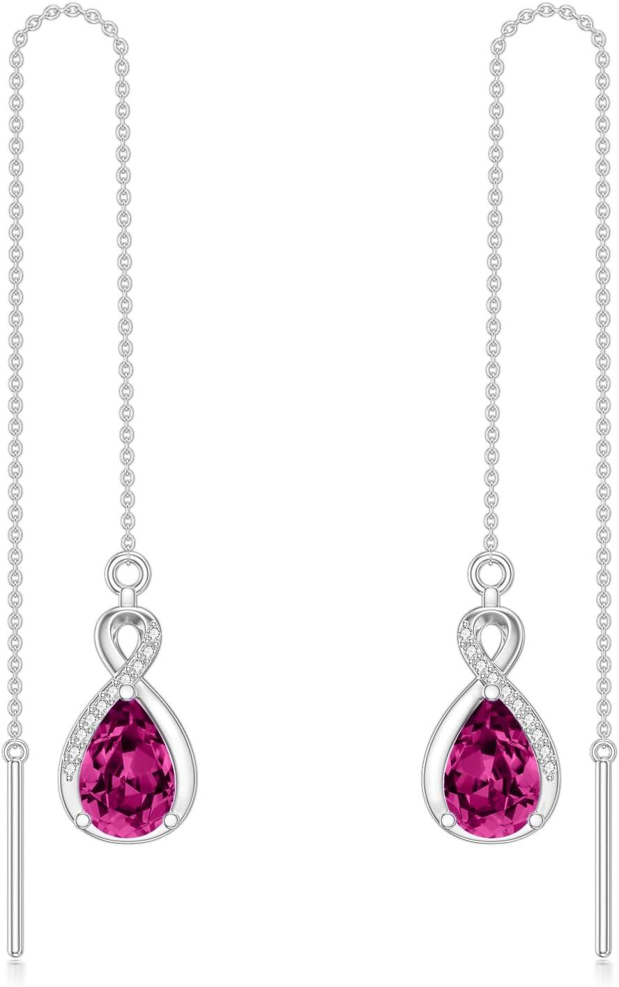Sterling Silver 12 Birthstone Infinity Threader Drop Earrings for Women-7-July-Ruby Red