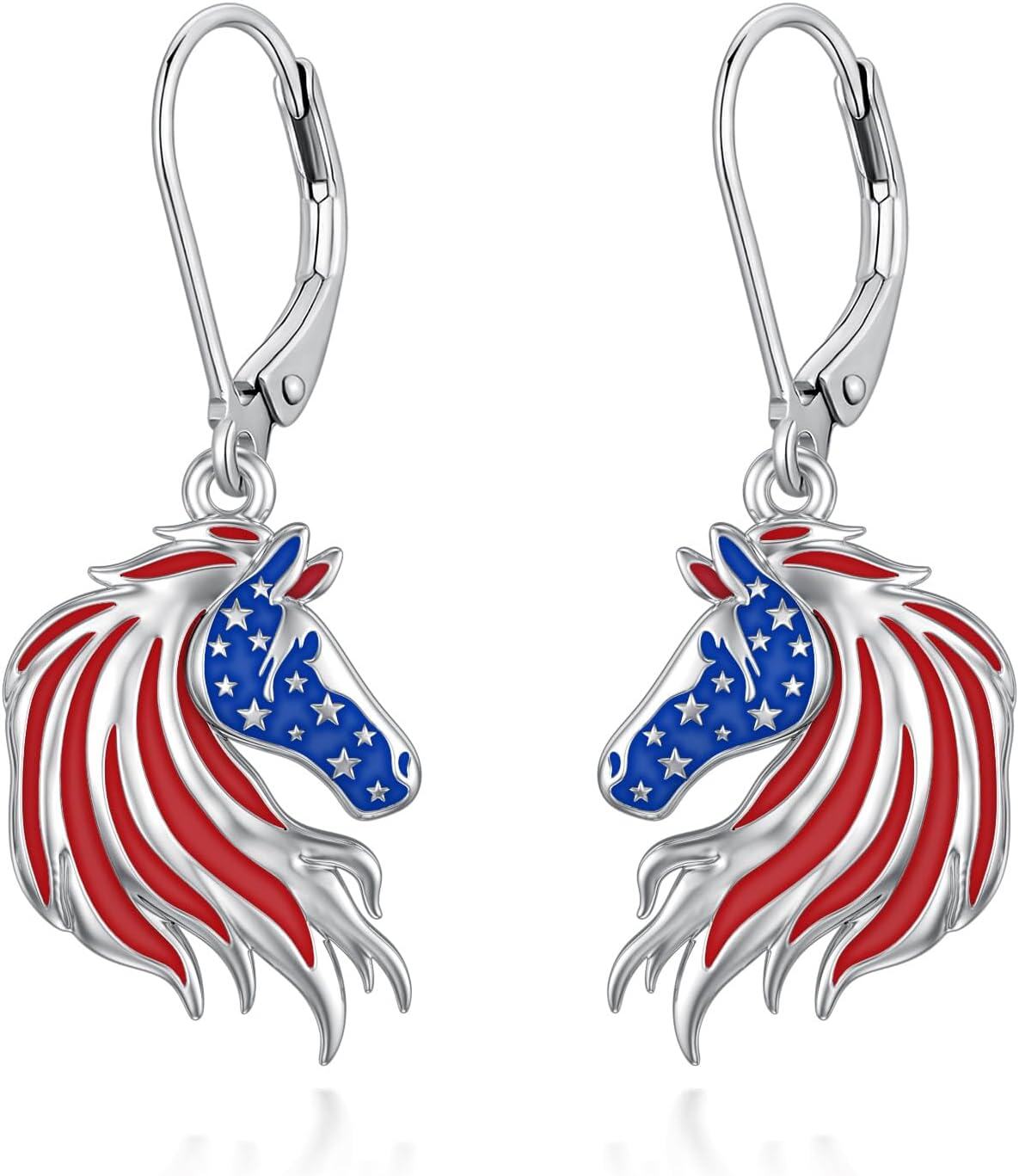 wholesale 925 Sterling Silver Metal Horse Head American Flag Leverback Drop Earrings for Women USA Independence Day-0-0