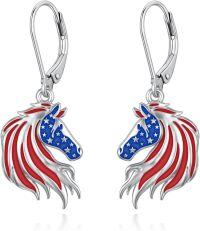 wholesale 925 Sterling Silver Metal Horse Head American Flag Leverback Drop Earrings for Women USA Independence Day-06. Horse