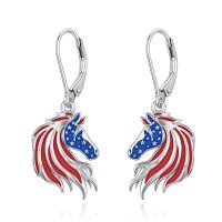 wholesale 925 Sterling Silver Metal Horse Head American Flag Leverback Drop Earrings for Women USA Independence Day-06. Horse