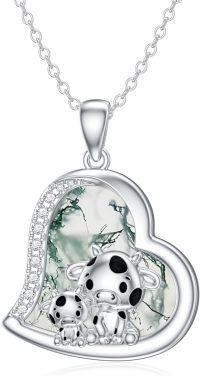 wholesale Sterling Silver Stone Cute Animal Pendant Necklace for Couples Sister Daughter Mother Birthday Gift-05-15-Cow-Moss Agate