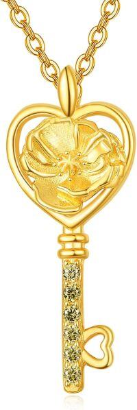 wholesale 14K Gold Plated 925 Sterling Silver Birth Flower Stone Necklace w Key Pendant 18 +2 Chain ( chars)-08-Aug-Poppy