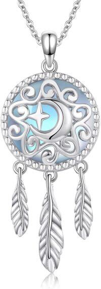 wholesale 925 Sterling Silver Dreamcatcher Feather Pendant Necklaces with Blue Opal Stone for Women - I Love You to the Moon & Back-61-Dreamcatcher Moon (1-Moonstone )