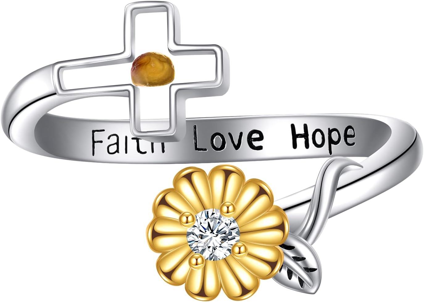 Sterling Silver Mustard Seed Ring for Women Christian Faith Cross Jewelry Mother s Day Birthday Gift for Mom -Sunflower Cross Ring-7 # 3