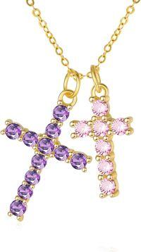 wholesale 14K Gold Sterling Silver Birthstone Double Cross Necklace for Women-02-10-Feb-Oct