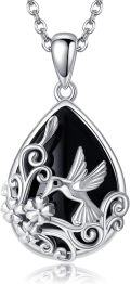 wholesale 925 Sterling Silver Hummingbird & Flowers on Black Onyx Teardrop Pendant Necklace Gift for Women-0-0