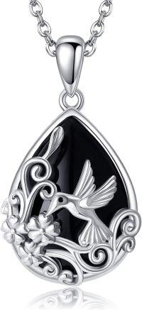 wholesale 925 Sterling Silver Hummingbird & Flowers on Black Onyx Teardrop Pendant Necklace Gift for Women-Hummingbird