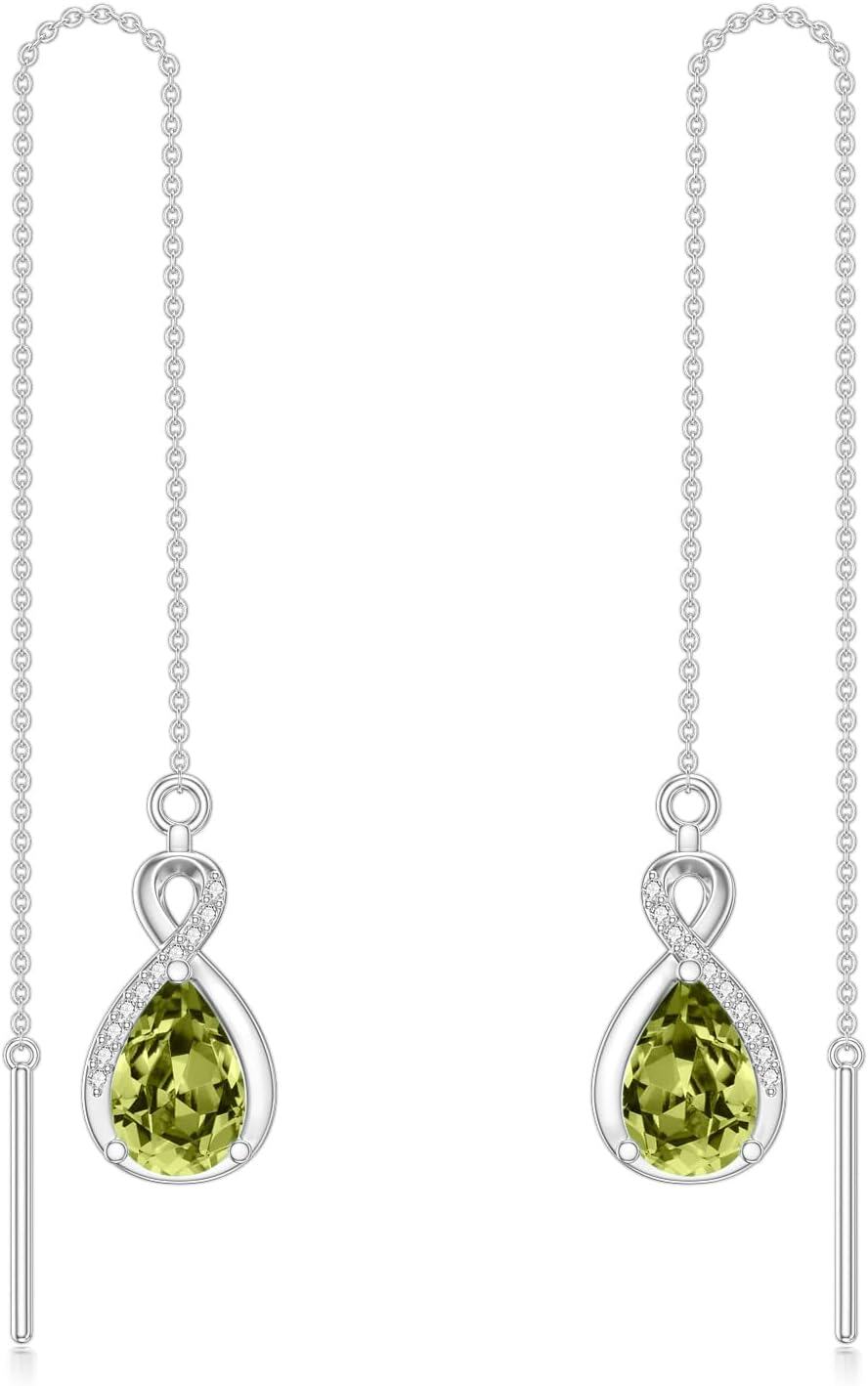 Sterling Silver 12 Birthstone Infinity Threader Drop Earrings for Women-8-Aug-Peridot Green