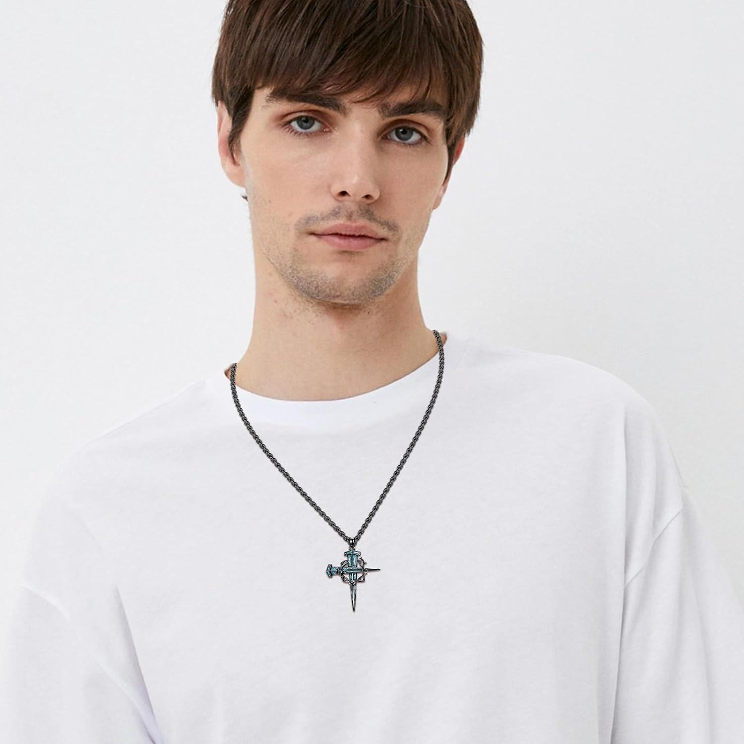 wholesale 925 Sterling Silver & Turquoise Celtic Cross Sword Pendant Necklace for Men Women Christian -0-4