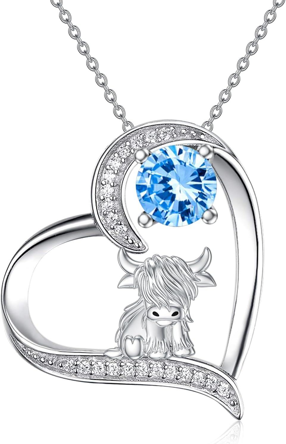 Sterling Silver Highland Cow Birthstone Necklace Jewelry Gifts for Women Girls-1-13-Personalized Birthstone & Name-1-13-Personalized Birthstone & Name-1-12-December-1-12-December