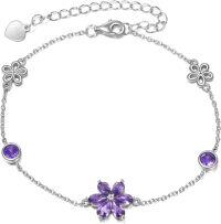 wholesale 925 Sterling Silver Purple Amethyst Flower Charm Bracelet Gift for Women-Flower