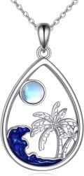 wholesale 925 Sterling Silver Moonstone Palm Tree Wave Pendant Necklace for Women-0-0