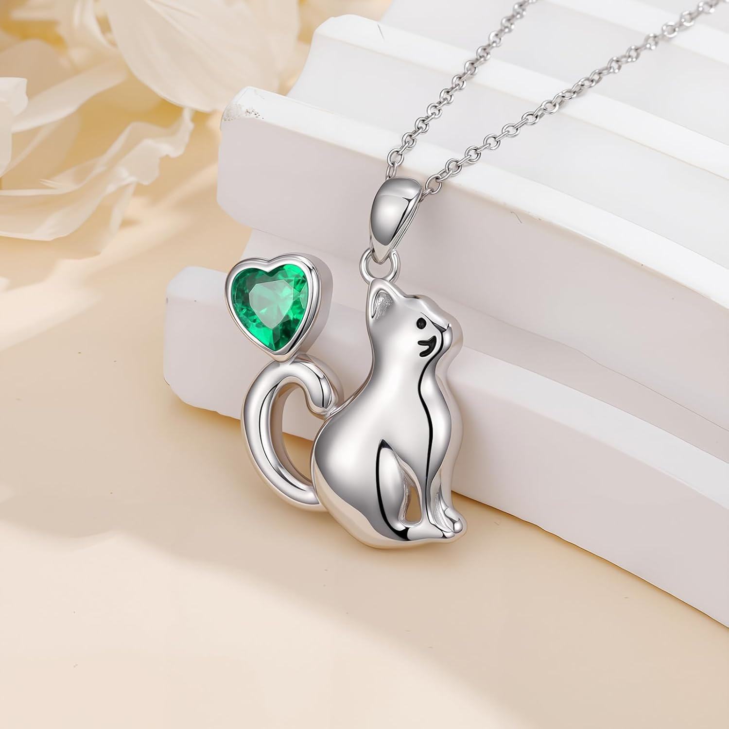 925 Sterling Silver Birthstone Cat Pendant Necklace for Women-0-2