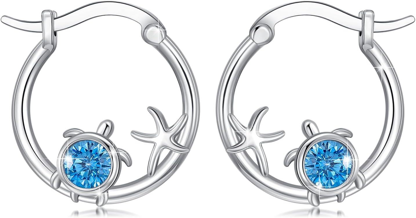 Sterling Silver Hypoallergenic Animal Huggie Hoop Earrings-Turtle Hoop Earrings - Blue Zircon