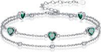 wholesale 925 Sterling Silver & 5A Cubic Zirconia Double Strand Heart Charm Bracelet, May Birthstone Gift for Women-05-May-Emerald