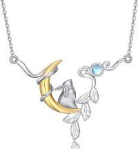 wholesale 925 Sterling Silver Moon & Rabbit Charm Necklace with Leaf Design and Rainbow Stone - Perfect for Easter or Mother's Day Gifts-Bunny