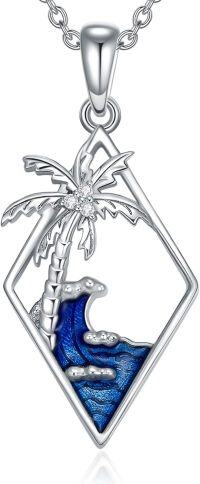 wholesale 925 Sterling Silver Blue Enamel Wave & Coconut Palm Tree Pendant Necklace for Women-Style A