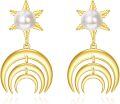wholesale Gold 925 Sterling Silver Moon & Star Pearl Dangle Earrings for Women-0-0