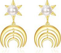 wholesale Gold 925 Sterling Silver Moon & Star Pearl Dangle Earrings for Women-Moon