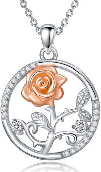 wholesale 925 Sterling Silver Rose Pendant Necklace with Natural Stones and Cubic Zirconia for Women Mothers' Day Gift-Rose