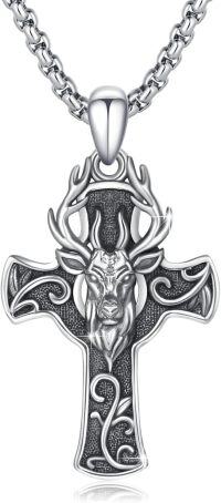 wholesale 925 Sterling Silver &  Antlered Deer Head Cross Pendant Necklace-Elk Cross Necklace with Vine