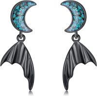 wholesale 925 Sterling Silver Turquoise Abalone Crescent Moon Bat Drop Earrings - Halloween  for Her-Bat