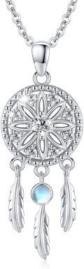 wholesale 925 Sterling Silver Moonstone & Turquoise Dreamcatcher Feather Pendant Necklace-0-0