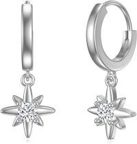 wholesale 925 Sterling Silver CZ Sun & Moon Drop Hoop Earrings for Women Girls  4cm Long-Star