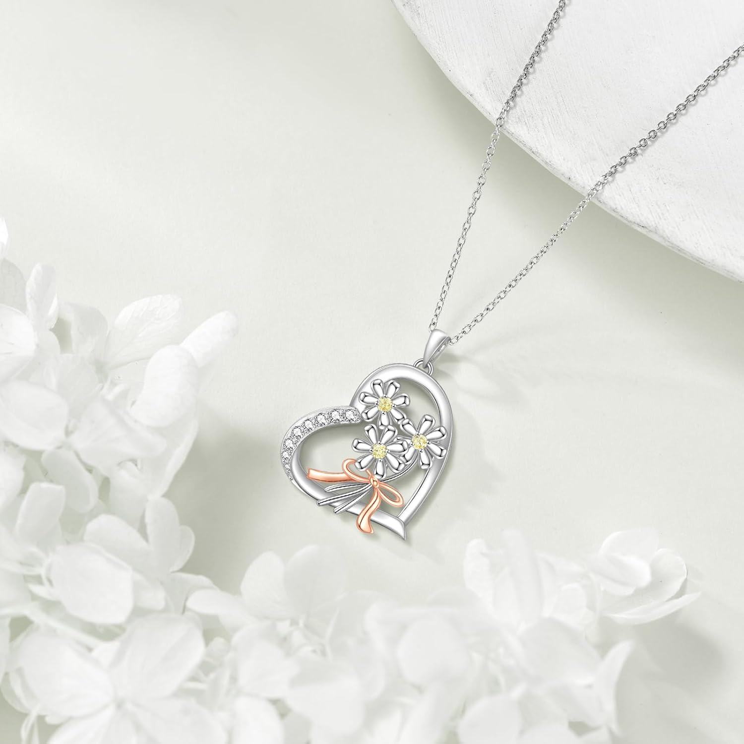 Sterling Silver Heart Necklace with Fox Axolotl Koala Giraffe Cow Guinea Pig Fairy Thistle Daisy Cat Duck Lion Pendant-0-3