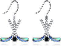 wholesale 925 Sterling Silver Sports Lovers Gift - Crossed Hockey Sticks & Puck Drop Earrings for Women-Hockey Abalone Shell Earrings