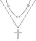 wholesale 925 Sterling Silver Cubic Zirconia Cross Pendant with Evil Eye Beads Double-Layer Chain Necklaces for Women Girls  48cm Length-0-0