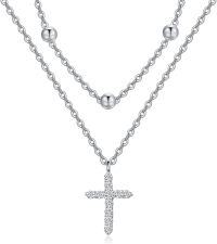 wholesale 925 Sterling Silver Cubic Zirconia Cross Pendant with Evil Eye Beads Double-Layer Chain Necklaces for Women Girls  48cm Length-Cross