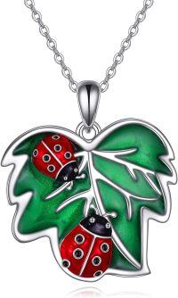 wholesale 925 Sterling Silver Red Enamel Leaf & Ladybugs Pendant Necklace for Women and Girls-Ladybug Necklace