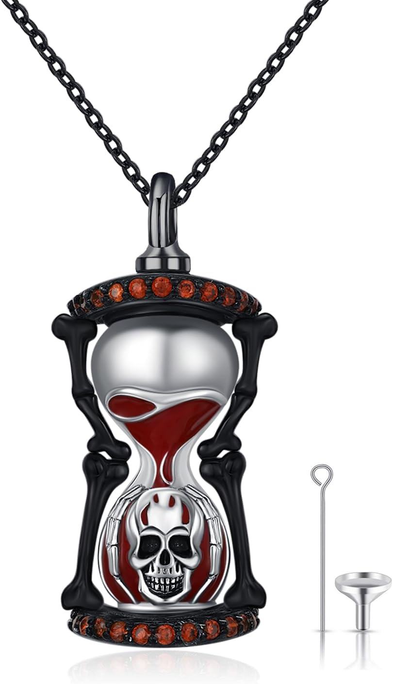 Sterling Silver Bullet Hourglass Cylinder Urn Cremation Keepsake Pendant-04-Hourglass Skull