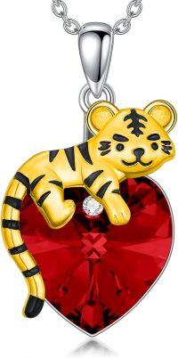 wholesale Sterling Silver Crystal Cute Tiger Heart Pendant Necklace for Women-Red