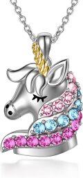wholesale 925 Sterling Silver Pink Blue Crystal Rainbow Unicorn Pendant Necklaces for Girls Women's Gifts Birthdays Christmas Jewelry Accessories-0-0