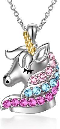 wholesale 925 Sterling Silver Pink Blue Crystal Rainbow Unicorn Pendant Necklaces for Girls Women's Gifts Birthdays Christmas Jewelry Accessories-Multicolor