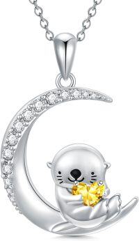 wholesale Sterling Silver Animal Birthstone Necklace Otter Axolotl Hippo Pendant Jewelry Gift for Women-11-Nov-Otter