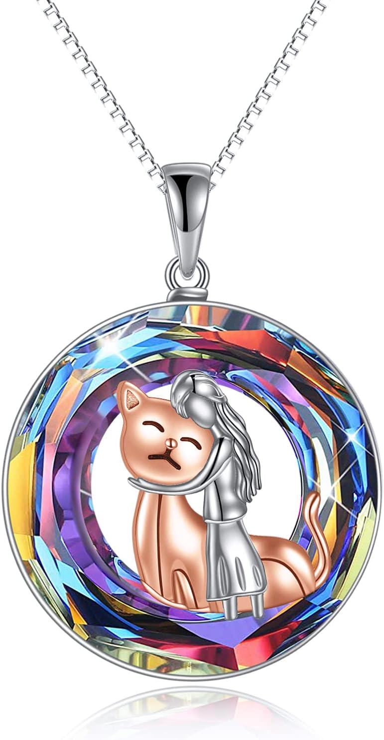 wholesale 925 Sterling Silver Round Crystal Girl Hugging Cat Pendant Necklace for Women and Girls-0-0