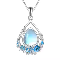 wholesale 925 Sterling Silver Teardrop Blue Moonstone Floral Pendant Necklace-Birth Flower Necklace