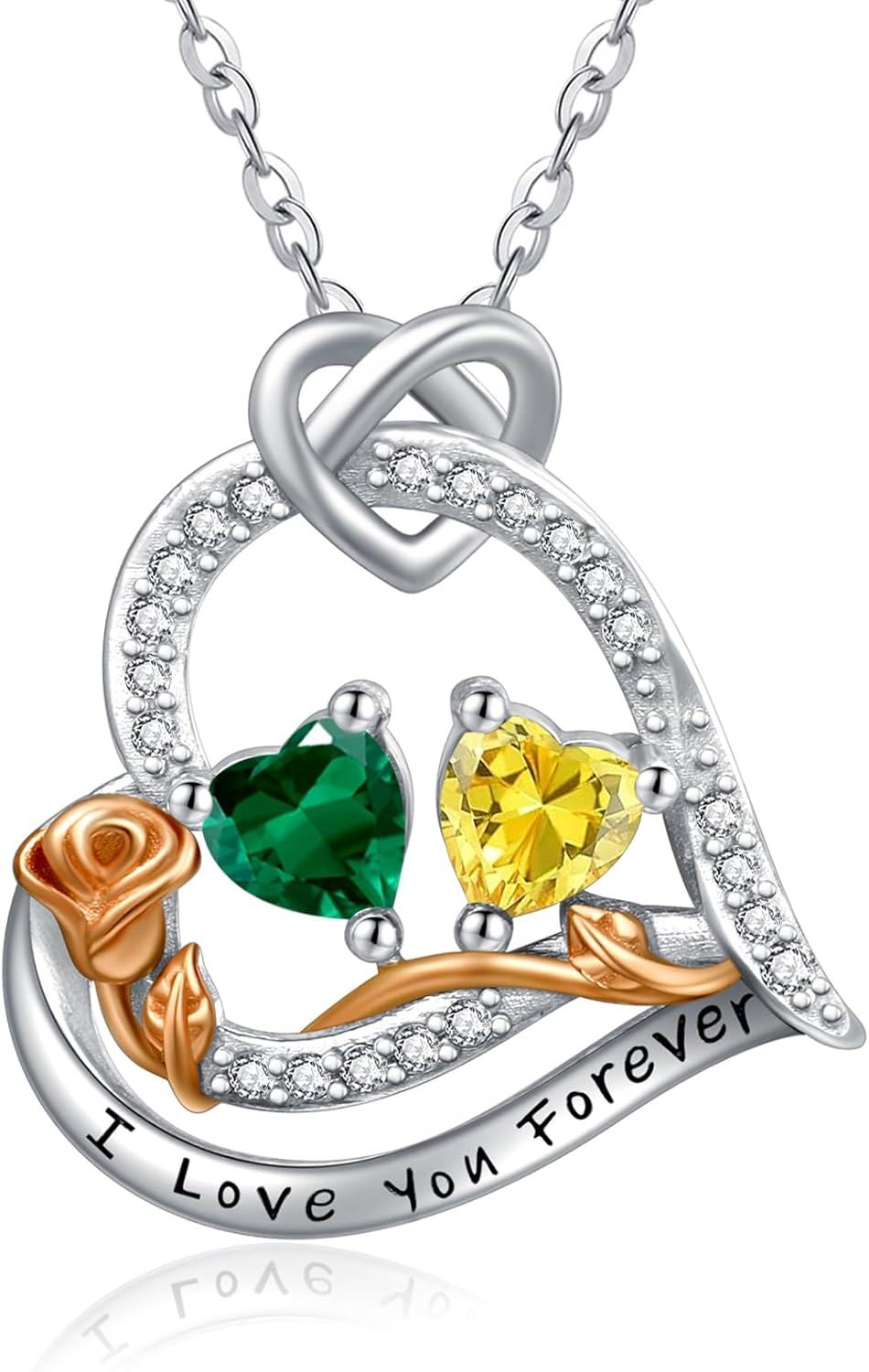  Sterling Silver 2 Birthstones Rose Heart Necklace for Women -05-11-May-Nov