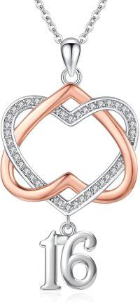 wholesale 925 Sterling Silver Double Heart with Number 16 Charm Pendant Necklace s for Women and Girls-16th