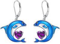 wholesale 925 Sterling Silver Birthstone Blue Dolphin Dangle Earrings for Women-February