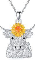 wholesale 925 Sterling Silver Sunflower Pendant with Longhorn Bull Necklace-0-0